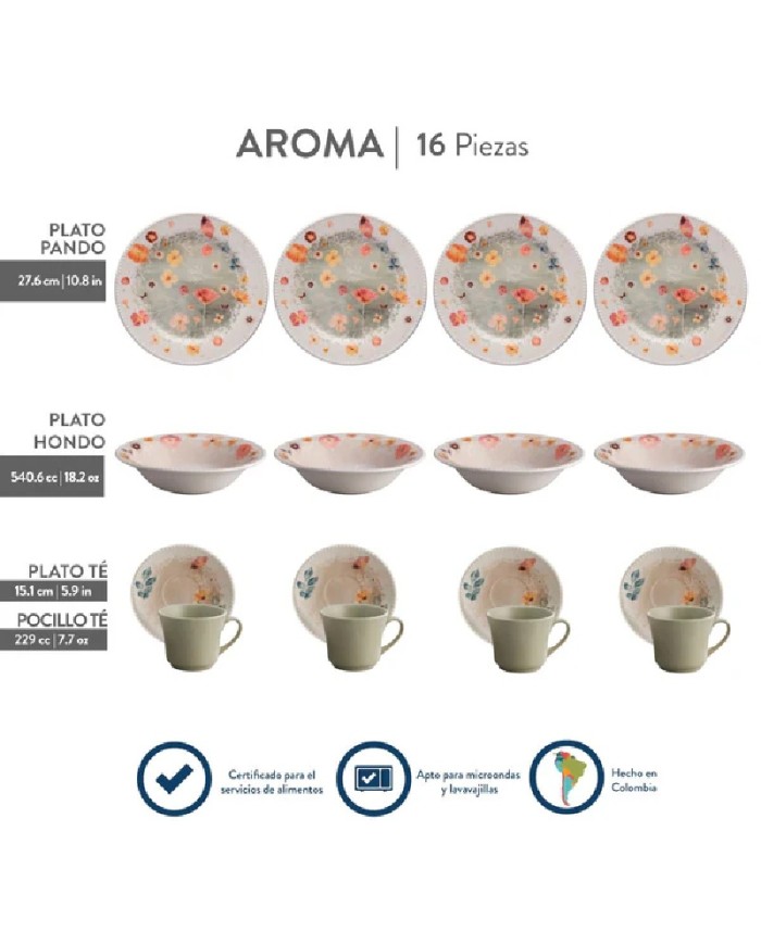VAJILLA AROMA CORONA 4 PUESTOS 16 PIEZAS