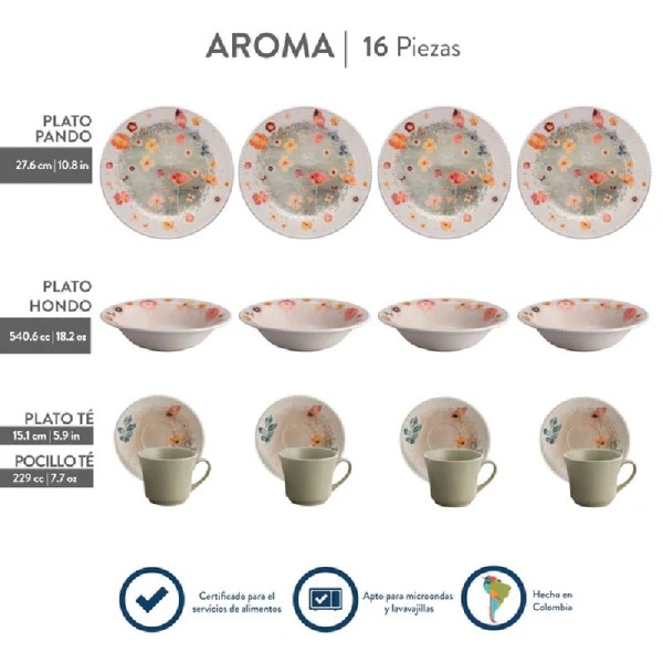 VAJILLA AROMA CORONA 4 PUESTOS 16 PIEZAS