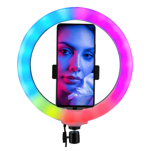 COMBO ARO DE LUZ 26 CMS RGB + TRIPODE 2.1MTRS +MICROFONOS X2 K9 PARA CELULAR