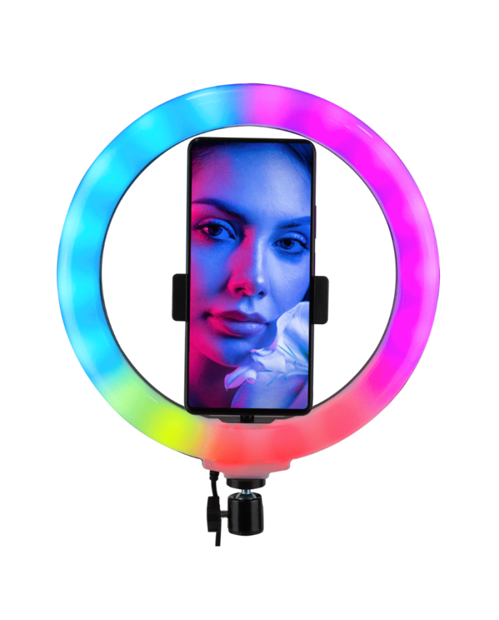 COMBO ARO DE LUZ 26 CMS RGB + TRIPODE 2.1MTRS +MICROFONOS X2 K9 PARA CELULAR